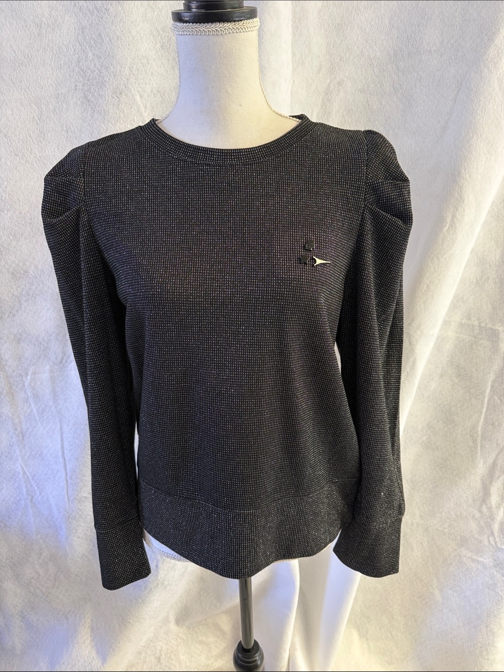 Karl Lagerfeld Black Metallic Puff Shoulder Crew Top